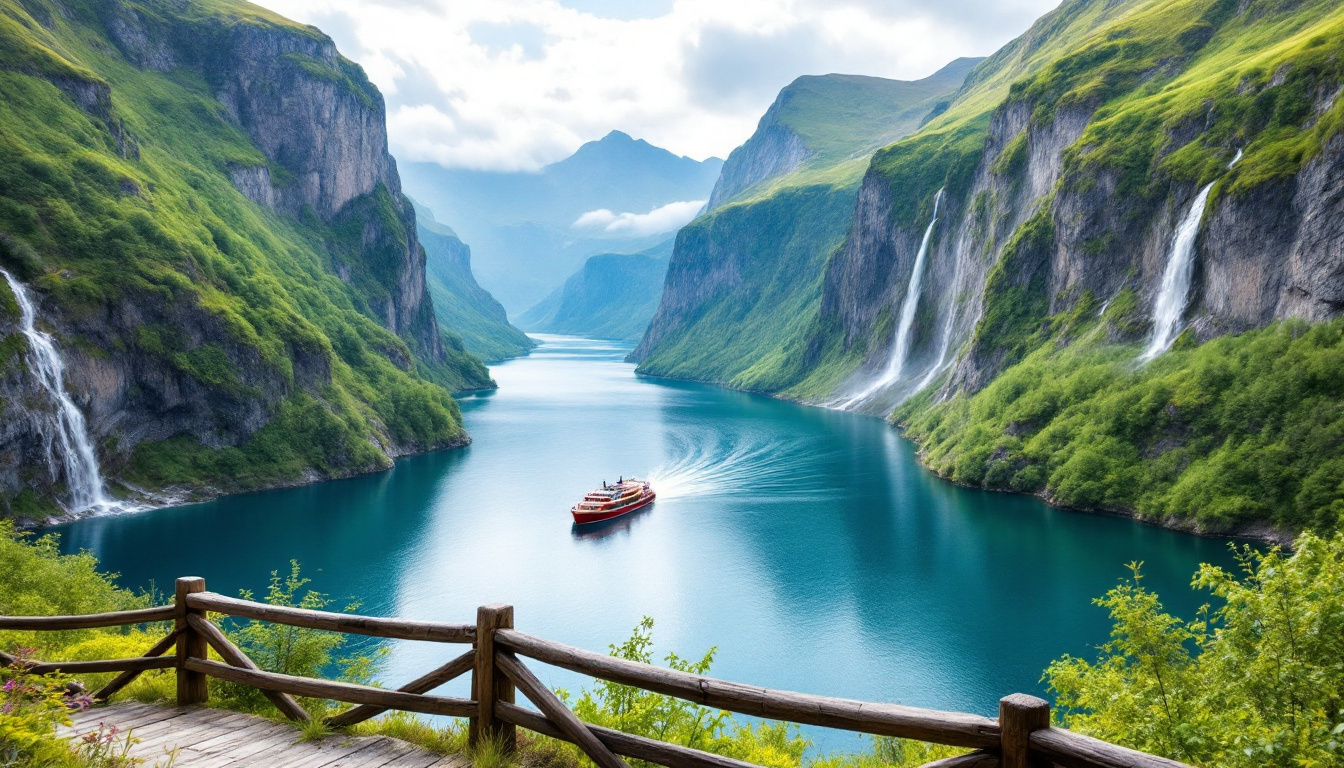 Beste Reisezeit Norwegen Fjorde: sommerlicher Fjord mit grünen Bergen und Wasserfall
