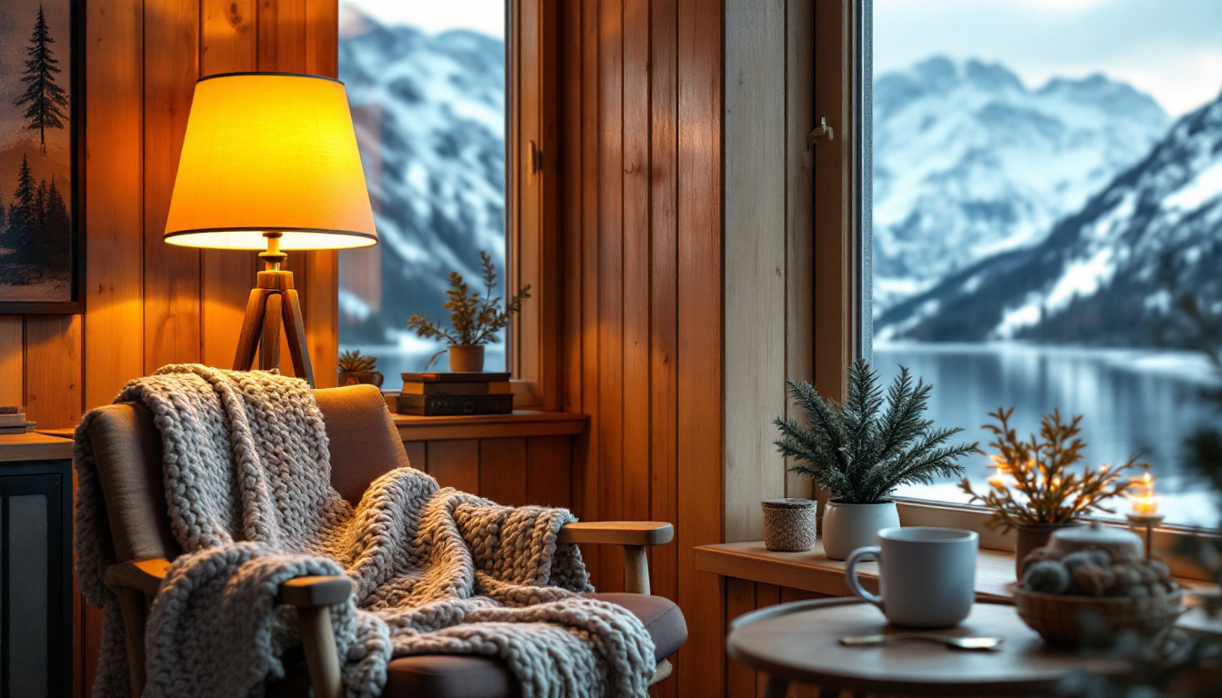 In Norwegen leben: gemütliches Wohnzimmer mit Blick auf einen verschneiten Fjord