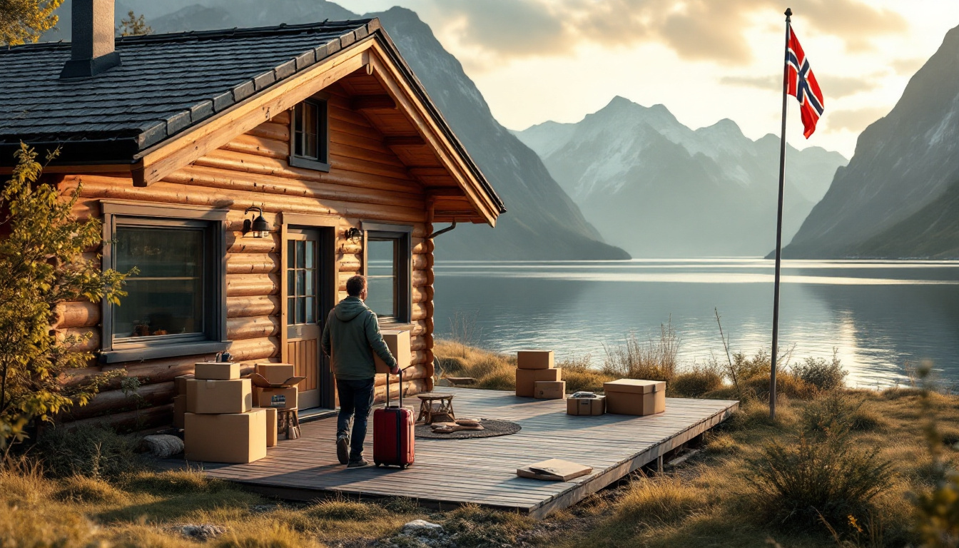 Nach Norwegen auswandern und was beachten: Holzhaus am Fjord mit Umzugskisten