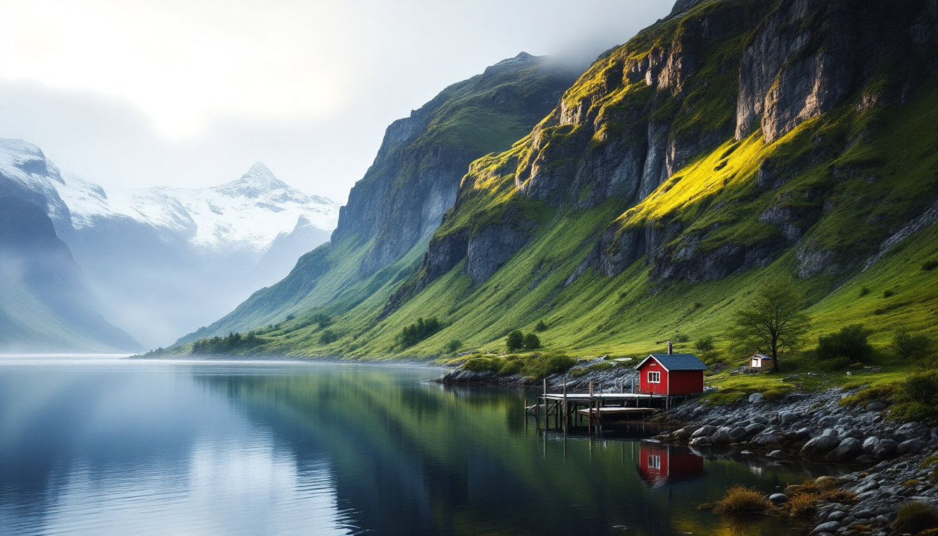 Natur Norwegen mit Fjord, steilen Klippen und schneebedeckten Bergen im Morgenlicht