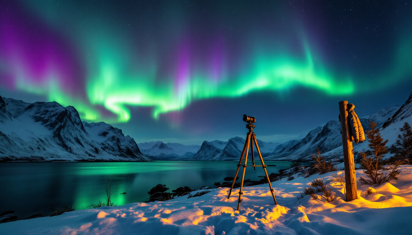 Nordlichter in Norwegen wann und wo sehen – grünes Polarlicht über verschneiter Fjordlandschaft bei Tromsø