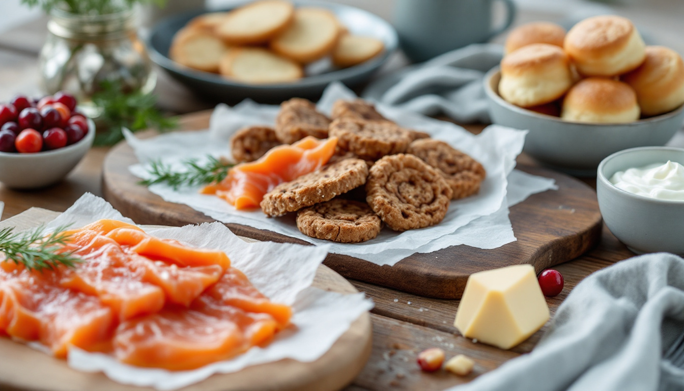 Typisch norwegisches Essen und Spezialitäten wie Gravlaks, Brunost und Moltebeeren auf einem Holztisch