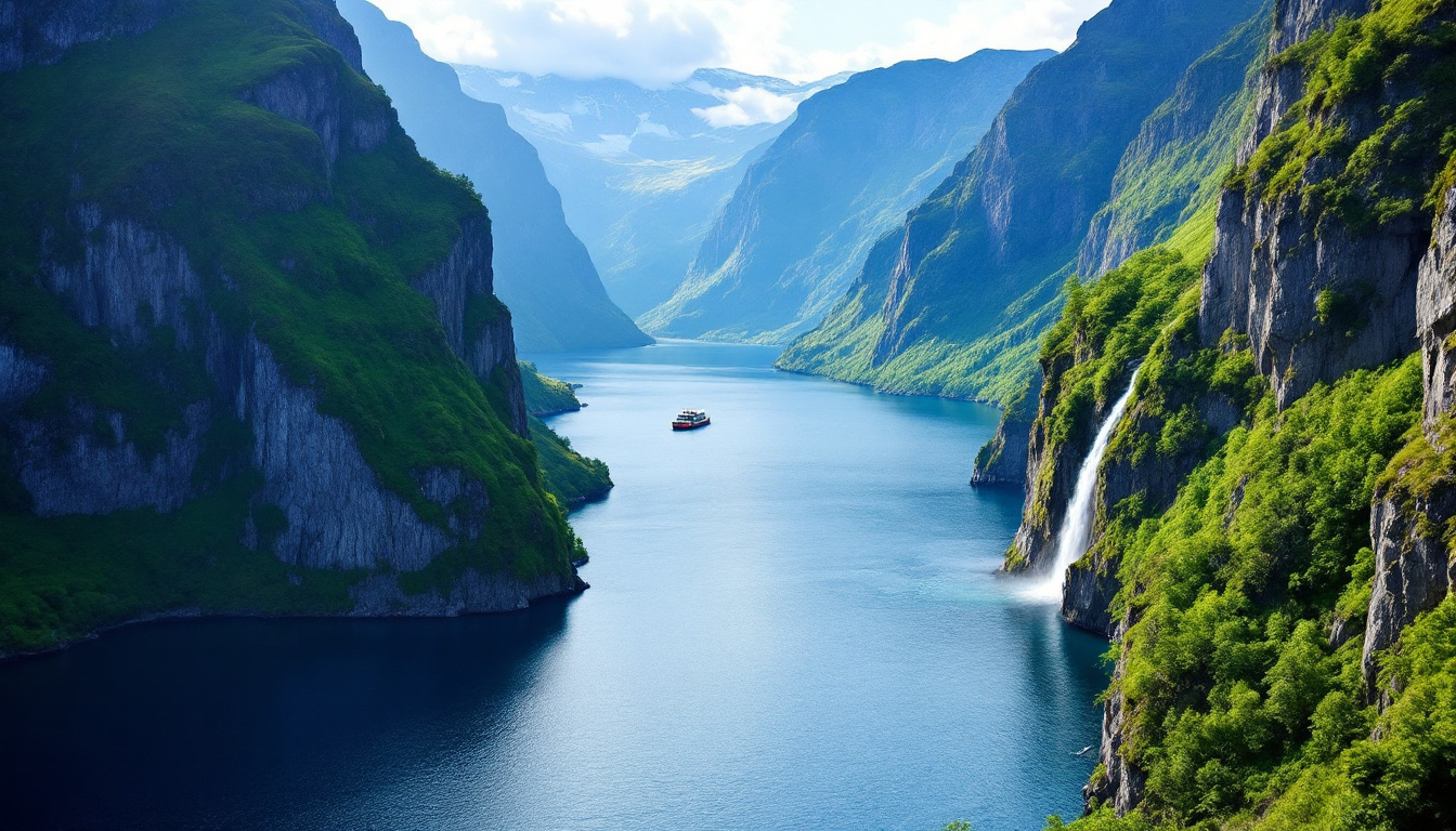 Geirangerfjord Sehenswürdigkeiten mit Wasserfall Die Sieben Schwestern und steilen Felswänden
