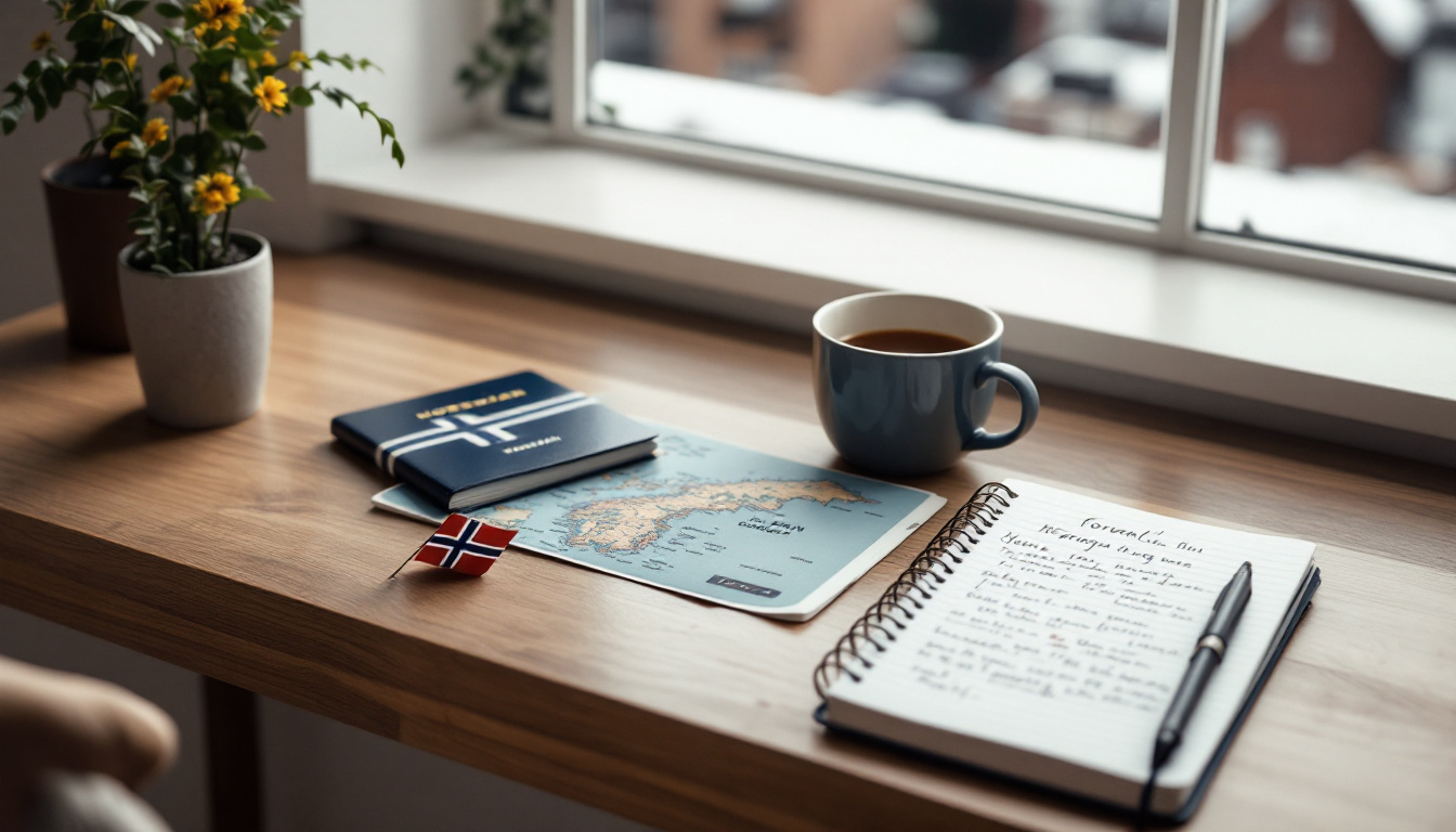 Unterlagen und Norwegen-Karte auf einem Schreibtisch als Vorbereitung, um nach Norwegen auszuwandern