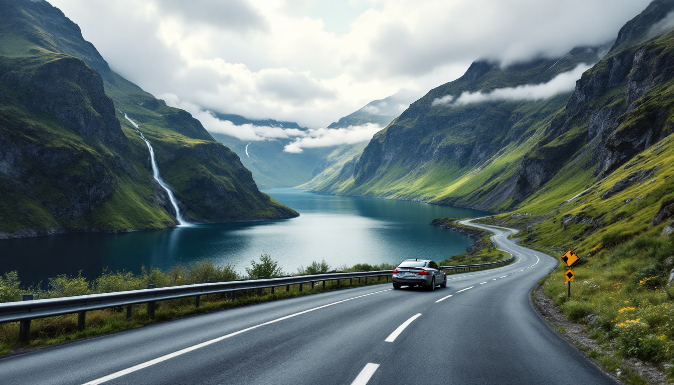 Norwegen mit dem Auto: Straße entlang eines Fjords mit Bergen und Wasserfall