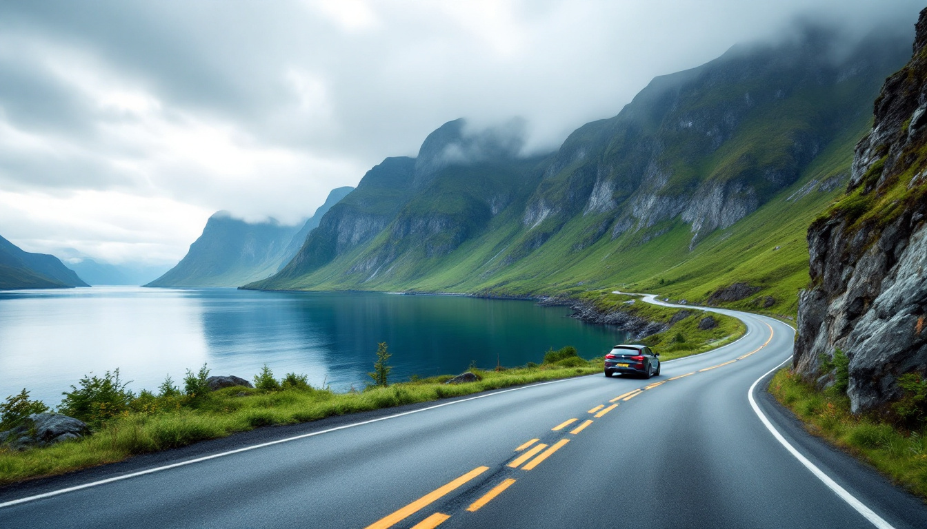 Norwegen Route entlang eines Fjords mit Küstenstraße und Bergen
