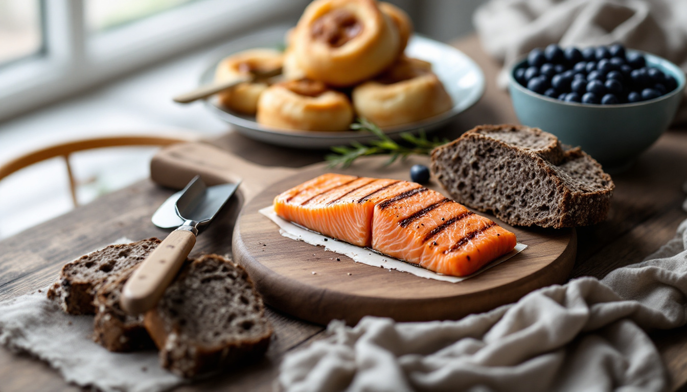 Typische Gerichte der norwegischen Küche mit Lachs, Brunost und Zimtschnecken auf Holztisch