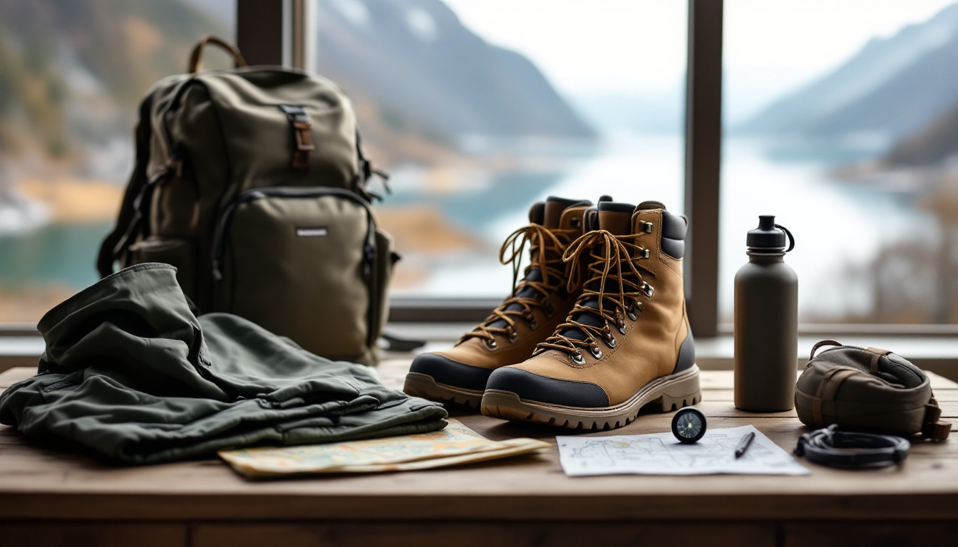 Ausrüstung zum Wandern für Anfänger mit Schuhen, Rucksack und Regenjacke vor Fjordkulisse