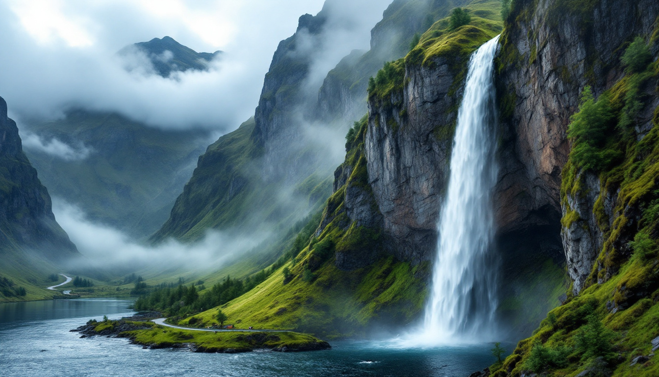 Wasserfälle Norwegen: hohe Kaskade stürzt über eine steile Felswand in ein grünes Fjordtal