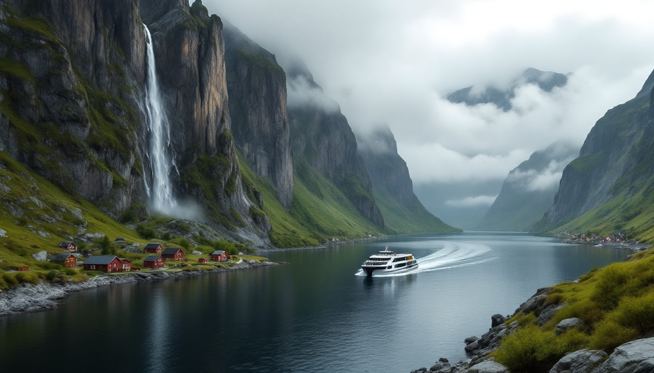 Fjorde in Norwegen: enger Fjord mit Wasserfall, steilen Felswänden und Autofähre im Frühsommer